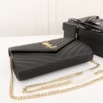 Saint Laurent Cassandre Matelassé Chain Wallet In Grain De Poudre Embossed Black Gold 22Cm 377828BOW011000 - Image 5