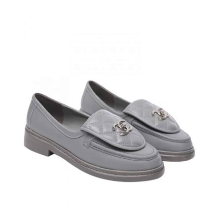 Chanel CC Nib Turnlock Moccasins Flat Loafers Grey