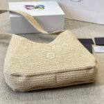 Prada Logo Embossed Raffia Shoulder Bag Beige 33Cm 1BC186VOUO2A2T - Image 5