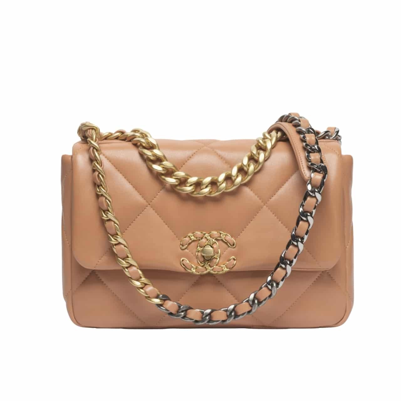 64 Chanel 19 Flap Bag Shiny Gold And Silver Tone Camel 26Cm AS1160 B04852 NB356 - Image 1