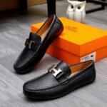Hermes Men’S Loafer Moccasin Leather With H Silver Black - Image 3