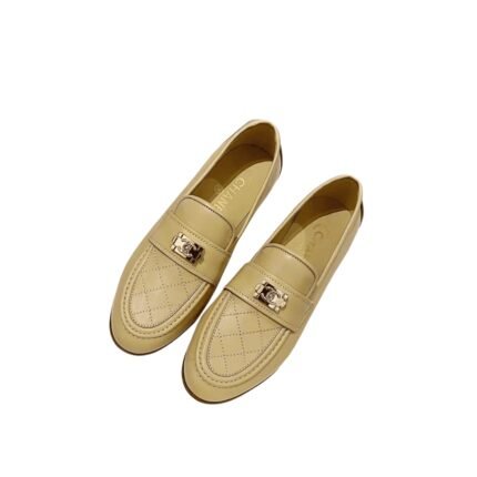 Chanel 20B Quilted Boy Lego Metal Logo Gold Mule Slip On Flat Loafers Beige