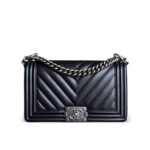 Chanel Boy Caviar Chevron Quilted Flap Bag Black 25Cm