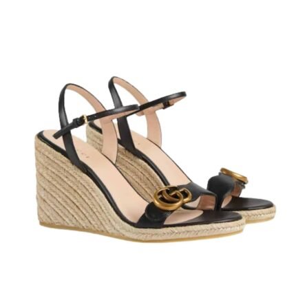 Gucci Leather Wedge Espadrille Sandals Black 8Cm