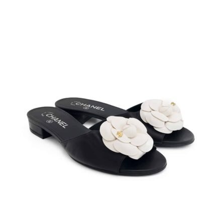 Chanel White Camellia Slides Black